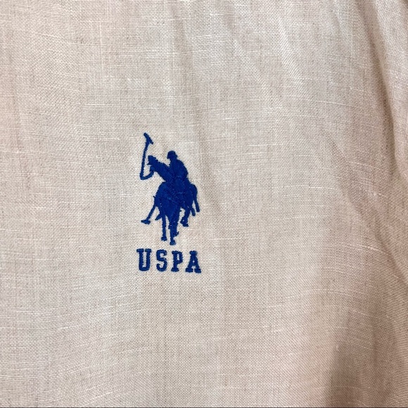 Ralph Lauren US Polo ASSN Irish Linen Button Down Beige Mandarin Collar Sz L EUC - Picture 3 of 12